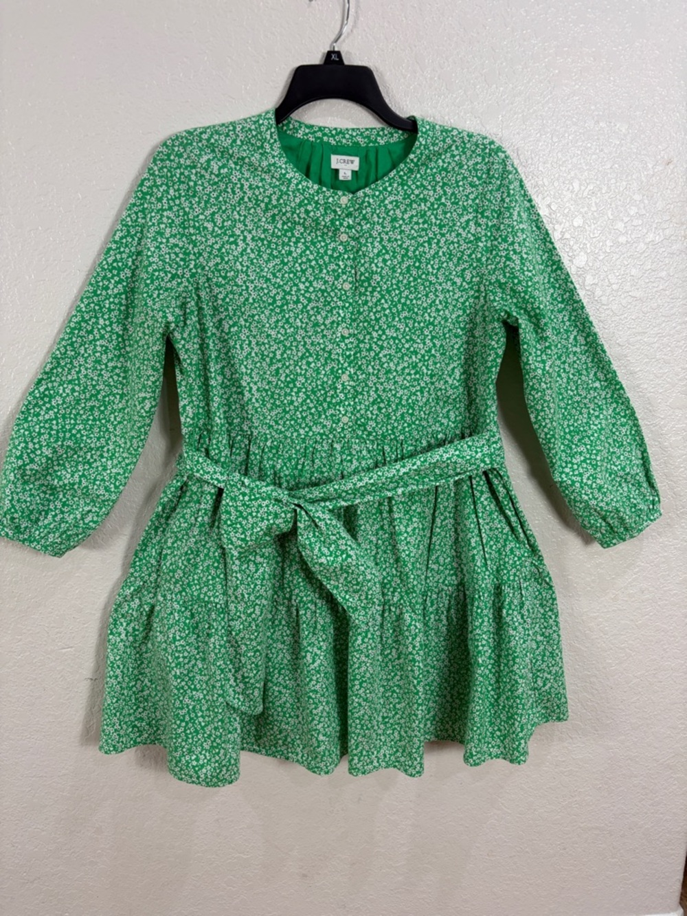 J. Crew Green Micro-Flower Tie-Waist  Dress,Size L.
